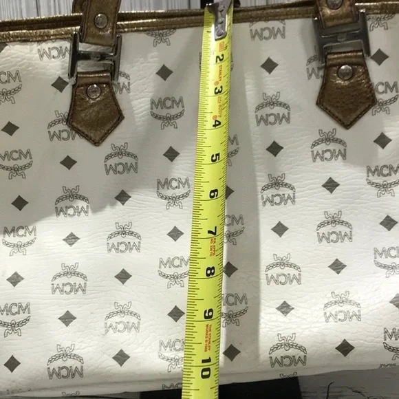 MCM Tote Bag White Logo Visetos Canvas Leather Trim Shoulder Bag - Picture 15 of 16